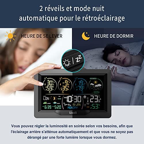 Uzoli Station météo sans fil avec 3 capteur Horloge numérique Thermomètre Hygromètre intérieur extérieur Prévisions météo Pression Lever Coucher du soleil Phase lunaire Risque de moisissure - EM3390