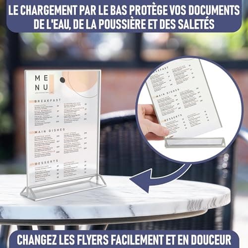 Dasher Products Cadres Photos Argent Double Face A5 - Pack de 6 - Porte-numéros de table argent en acrylique, chevalets de table transparents pour affiche, porte-menus, cadres photos ...