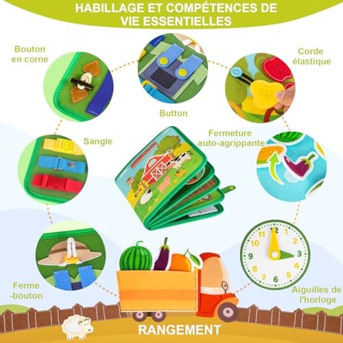 Quanquer Busy Board Française - Livre Occupé de Ferme Montessori pour 1 2 3 Ans Enfants - Planche d'Activités Jouet Éducatif Sensoriel Préscolaire -Jouets de Voyage pour Tout-Petits(Française Version)