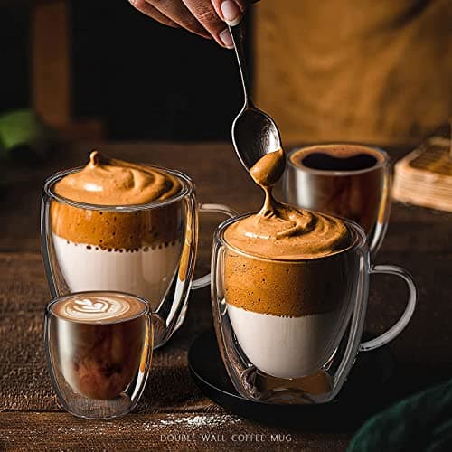 Lot de 8 Double Paroi en Verre à Café, 4 x 350ml Tasses à Café Double Paroi, et 4 x 80ml Mug Verre Isolés Tasses à expresso, Idée Cadeau Tasses à Latte Verre a Biere, pour Cafetière, Bière, Jus