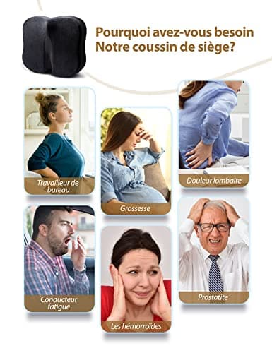 Travel Ease Coussin de Siège Ergonomique, Coussin de Chaise en Mousse à Mémoire avec Base Antidérapante pour Confort Longue Durée, Coussin de Hanche pour Chaise de Bureau, Siège de Voiture (Noir)