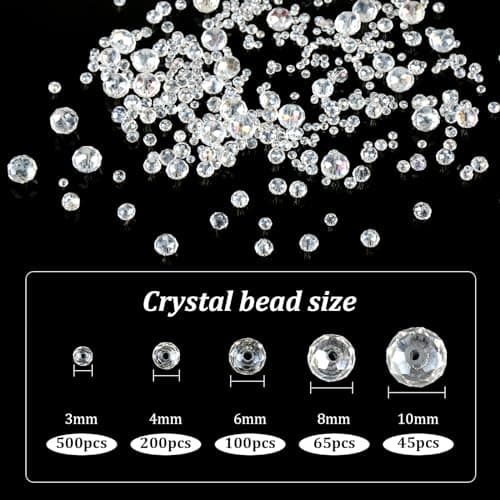Lot de 910 perles en verre à enfiler - Perles à facettes - Perles en verre transparent pour adultes - Fabrication de bijoux, colliers et bracelets (3/4/6/8/10 mm, couleur AB)