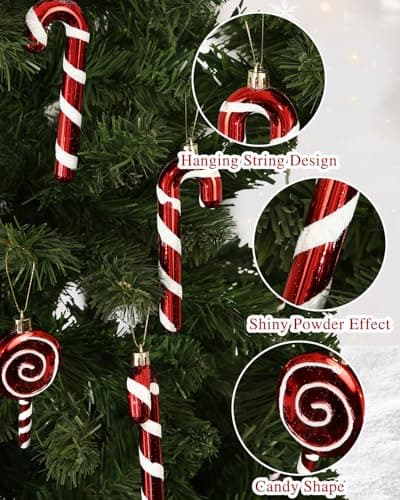Bixury 12 pcs Canne en Bonbon Rouge et Blanc, Sapin de Noël en Forme de Canne à Sucre d'orge, Canne de Bonbons Plastique à Suspendre, pour décoration Sapin de Noël