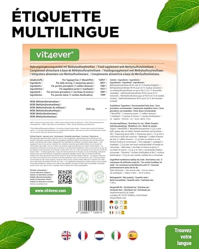 MSM en poudre - 1,1 kg (1100g) - - méthylsulfonylméthane cristallin pur à 99,9% - Facteur de maille 40-80 - Testé en laboratoire - Soufre organique - Végétalien