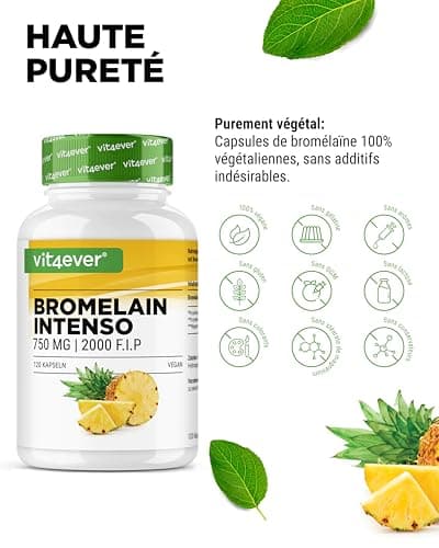 Bromélaïne Intenso - 750 mg (2000 F.I.P) - 120 gélules gastro-résistantes - Extrait naturel d'ananas - Testé en laboratoire - Vegan - Hautement dosé