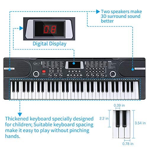 Hricane Clavier électronique 61 touches pour enfants, l'instrument de piano électronique portable pour débutant avec microphone, pupitre, autocollant (noir)