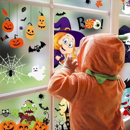 Zindoo Halloween Decoration Stickers Fenetre d'halloween 9 feuilles 101 Pièces Autocollants de Fenêtre d'halloween pour enfants, Mignon Enfantin Impression Recto-Verso pour Vitres Portes Miroirs