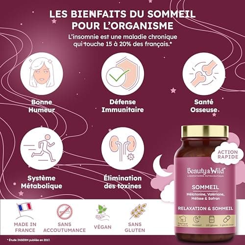 Sommeil, 1.9mg de Mélatonine pour mieux Dormir | FORMAT 4 MOIS - Calme l'esprit & le Corps, Valériane, Mélisse, Safran, Vitamine B6 | Sans accoutumance, 120 gélules, Made in France - Beauty&Wild
