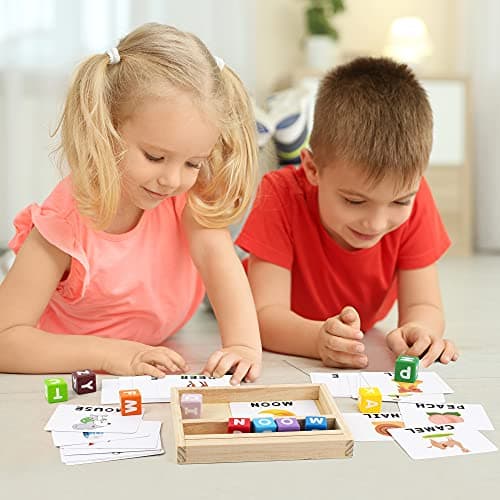 Coogam Blocs de Couleur Jeux d'orthographe, Lettres Assorties en Bois Jouet avec Mots Cartes Flash, Alphabet ABC Apprentissage éducatif Montessori Puzzle Cadeau