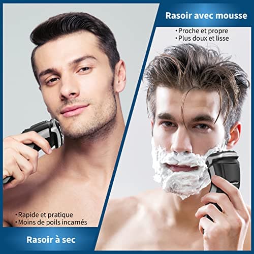 SweetLF [2024 New] Rasoir Electrique Hommes Wet & Dry (Plus 3 Lames+1 Chargeur Rapide) avec 4D Têtes Rotatives, Rasoir Rechargeable avec Ecran LED, Rasage IPX7 Etanche + Tondeuse Barbe - Noir