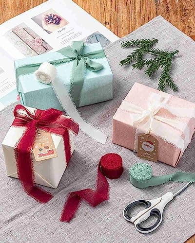 AOKSUNOVA Ruban Beige 18,9 m x 2,5 cm Ruban en Mousseline de Soie Ruban Cadeau Ruban en Tissu de Mariage Ruban à Franges