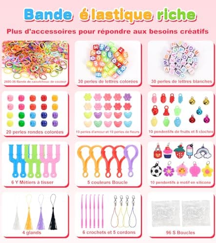 Tomylv 2500+ Elastique Bracelet Kit, Bricolage Élastique Loom Bands Kit avec Pendentifs Clips Perles,Enfant Caoutchouc Bracelet Collier Jouets, Cadeaux Creation Anniversaire pour Fille