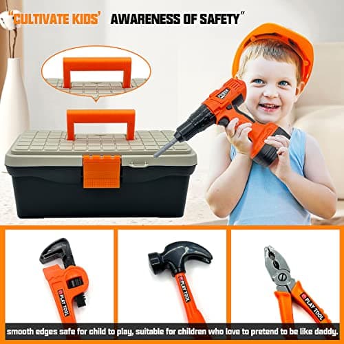 Hyrenee 45 Pièces Outils de Travail Jouet Enfants Constructions Boîte à Outils avec Perceuse Jeu D'imitation Jeu Éducatif Anniversaire Noël Cadeau pour Enfants 3 4 5 6 7 8 Ans
