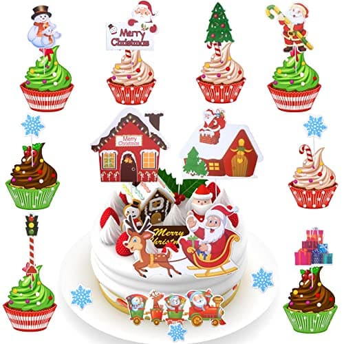 KEELYY 52 Pcs Noël Cupcake Toppers Picks Decoration Gateau de Noel Joyeux Noël Flocons de Neige Drap Cure-Dents pour Décorer Dessert Muffin Gâteau de Noël Fête