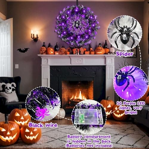 HYOJCWU 35cm Couronne Halloween, Guirlande de Décoration D'araignée d'halloween avec Lumières, Couronne Halloween Porte, Decoration Halloween pour Extérieur, Intérieur, Mur de Porte d'entrée