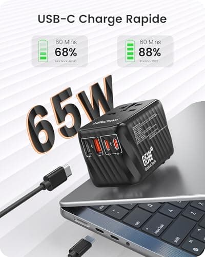 LENCENT 65W GaN III Adaptateur prise électrique avec 2 PD3,0 USB C+2 QC USB A Prise voyage universelle Téléphone PC Charge Rapide international vers UK USA AUS Canada Italie Chine Japon Thaïlande Noir