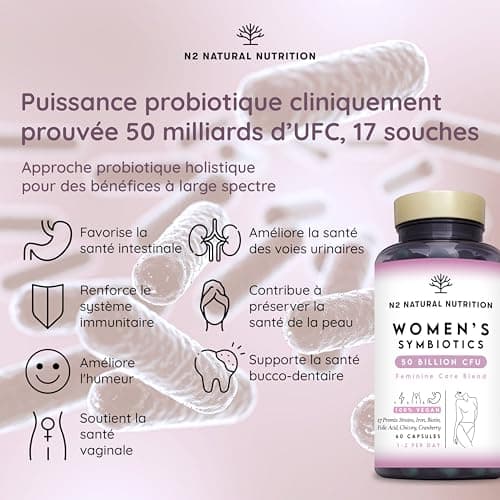 Formule Féminine Compléte avec Probiotiques, Fer, Cranberry et Acide Folique. Probiotique Flore Intestinale et Flore Vaginale (50 Milliards UFC) 60 Gélules. N2 Natural Nutrition