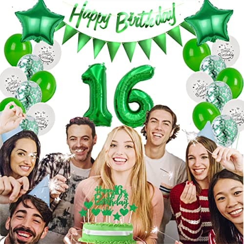 Vert Décoration 16 anniversaire, Ballon Décoration 16 ans anniversaire, Vert Décoration gâteau anniversaire 16 ans garçon, 16 ans anniversaire garcon fille, Vert Décoration 16 anniversaire ballons