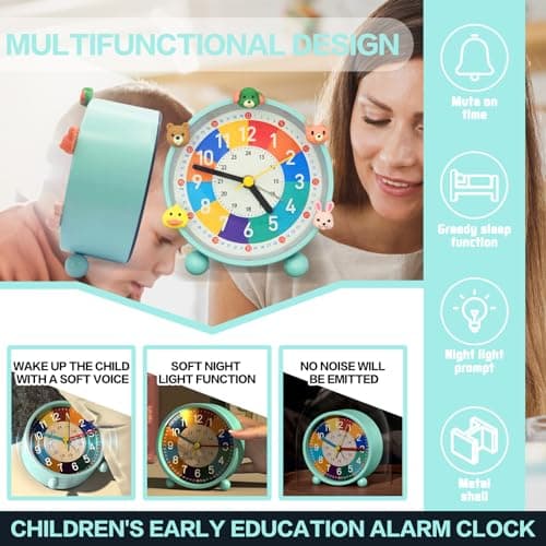 PIXESTT Reveil Enfant, Reveil Enfant Educatif Jour/Nuit IdéAl pour êTre à L’Heure à L'ÉCole, sans Bruit De Tic-Tac avec Fonction Snooze Et Veilleuse, Livré avec 5 Adorables DéCorations De RéVeil Vert