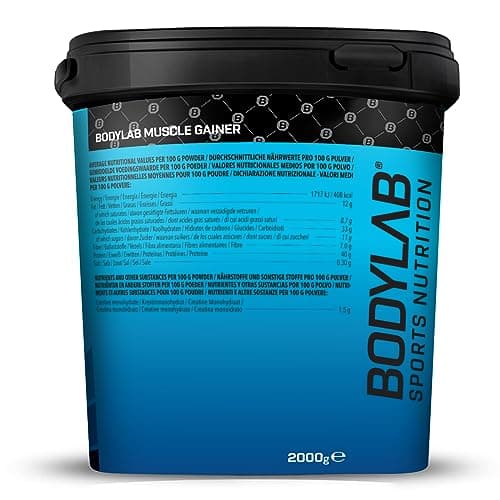 Bodylab24 Pure Muscle Gainer Banane 2000g, 33g de glucides naturels, 40g de protéines et 12g de lipides pour 100g, enrichi en créatine monohydrate, shake parfait pour la prise de masse