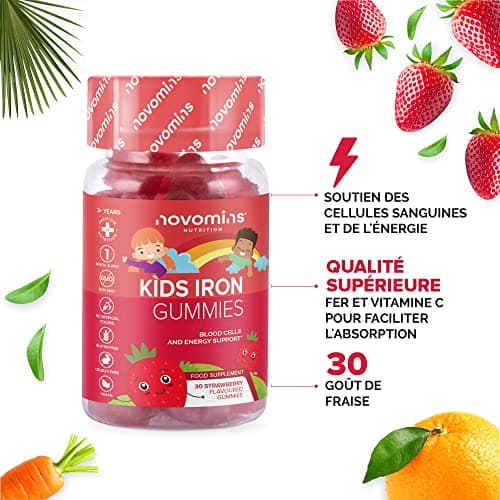 Novomins Gummies au Fer Enfants – Supplément de Fer pour Enfants – Energie et Système Immunitaire – Végétaliens – 1 Mois d'Approvisionnement – 30 Vitamines à Macher pour Enfants