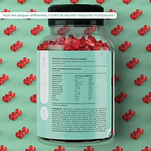 Multivitamines Gummies Gommes aux Fruits pour Cheveux Peau Ongles | Complément Alimentaire Naturel Vegan - Oursons Gommeux Sans Sucre à base d'Extraits de Plantes | Vitamine A C D E B2 Biotine Zinc