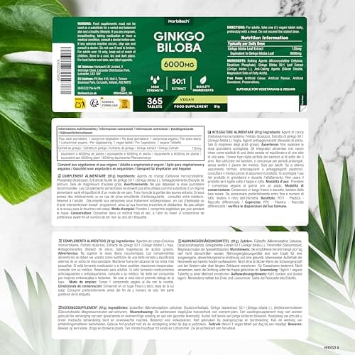 Ginkgo Biloba 6000mg | 365 Vegan Comprimes et non Gelules (1 An) | Extrait 50:1 de Gingko Biloba Forte | Facile à Avaler | Ginko Biloba | par Horbaach