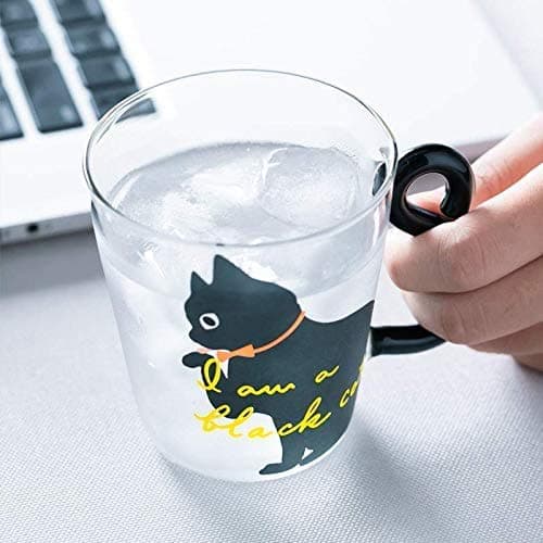 250ml Tasse en Verre Mug de Lait Chat Mignon Verre à Eau Transparent 3D avec Poignée Tasse Mug à Café Résistant à la Chaleur Micro-ondes Cup Coupe à Thé Chocolat Boisson pour Adultes Enfants (Noir)