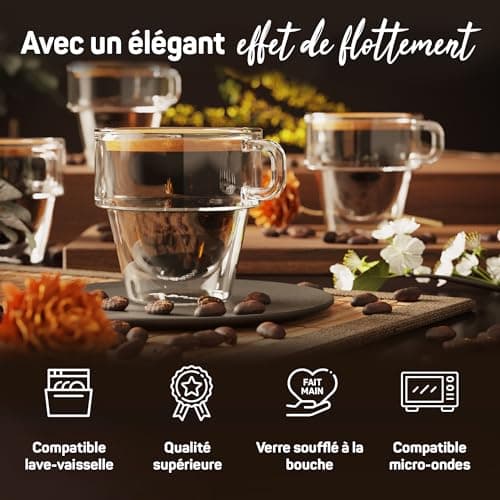 ElbFuchs® Tasse double paroi expresso [4x 150ml EMPILABLE] Verre double paroi à expresso | Verre isotherme | Tasse café transparente | Tasse a cafe double paroi avec anse