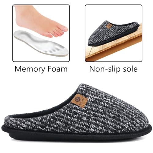 ONCAI Chaussons Homme Pantoufles à Rayures Hiver Chaussures Chaudes pour La Maison en Mousse à Mémoire de Forme, Laine en Peluche Doublée Avec Semelle en Caoutchouc Antidérapante Noir Taille 43