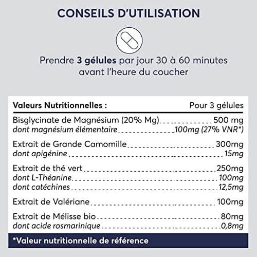 FORMULE SOMMEIL | Complément Alimentaire Sommeil Sans Mélatonine - Magnésium bisglycinate, L-théanine, Apigénine, Valériane, Mélisse, Bio - Endormissement Naturel et Rapide - 100% Français