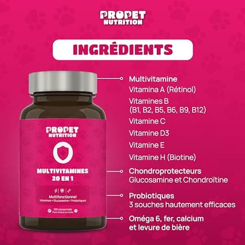 Complement Alimentaire Chien et Chat 20 en 1. Vitamines, Probiotique et Glucosamin Anti Arthrose. VIT A, B, C, E, H, Omega 6, Levure de bière + Fer. 100% Naturel. Effet Anti Inflammatoire. 120 Doses