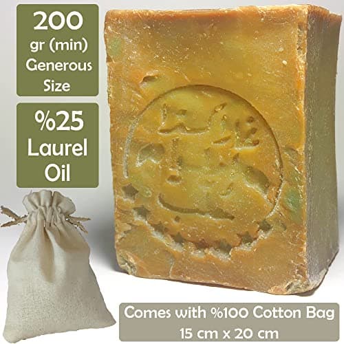 Savon d'Alep - 200 gr -% 25 D'huile de Laurier,% 75 D'huile D'olive Vierge, Naturelle et Faite à la Main, Avec Sac en Coton...
