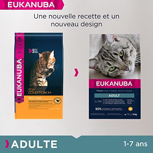 EUKANUBA - Croquettes Premium pour Chat Adulte - Alimentation 100% Complète et Equilibrée - Riche en Riz – Au Poulet Frais – Sans OGM, Sans Blé - Sac refermable – 10kg