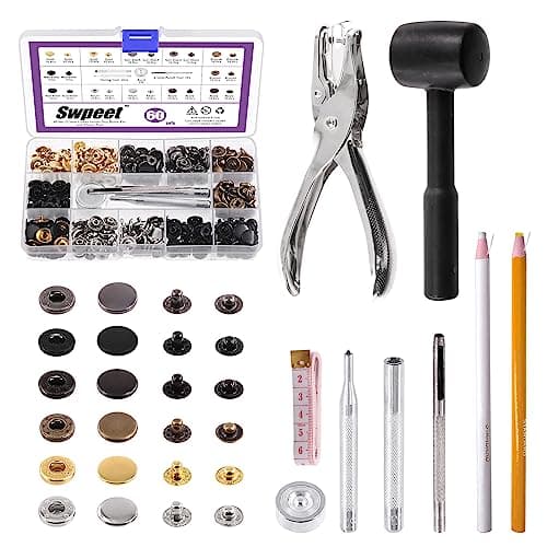 Swpeet Lot de 60 boutons-pression en cuir de 12,5 mm et pince perforatrice avec 4 outils de fixation, boutons pression en cuir, boutons pression en métal