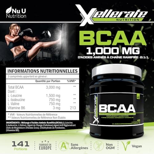BCAA 2:1:1 3000mg - 425 Comprimés Végan - Acides Aminés à Chaîne Ramifié L-Leucine, L-Isoleucine, L-Valine et Vitamine B6 - Xellerate Nutrition