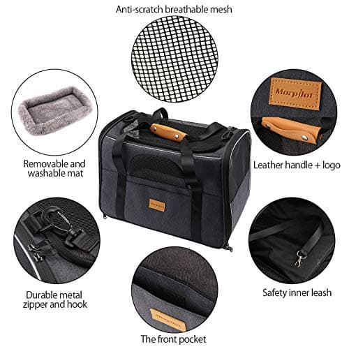Morpilot Sac Transport Chat Chien, Caisse de Transport Chat Respirant et Pliable Cage Transport Chat avec Matelas en Peluche Amovible + Bol (Accepté au Maximum 15lbs/7kg,44 * 31 * 34cm)