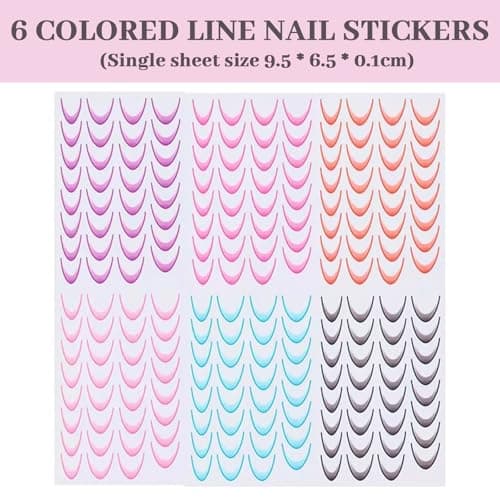 Calkkrer Lot de 6 autocollants colorés pour ongles French Line - Gradient - 3D - Accessoires de design d'ongles - Bandes - Accessoires de nail art