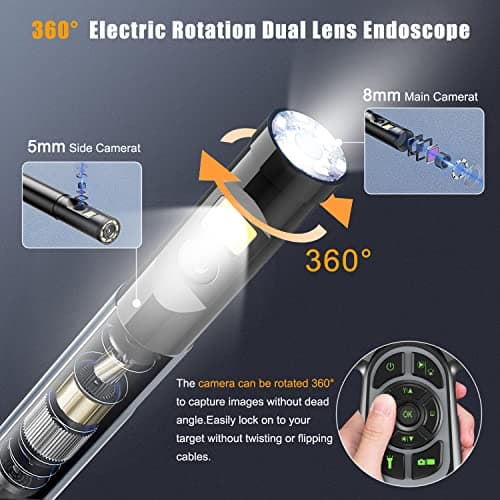 Endoscope Industriel Rotative à 360°, Hiacinto 1080P IPS 5 Pouce Camera Endoscopique Double Objectif avec 6+1 LED, 8mm Camera Canalisation avec Lentille Etanche IP68 et Câble Semi Rigide de 5M