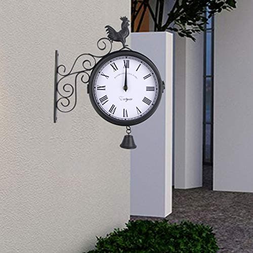 Horloge de jardin - Horloge de gare - Montre Résistante aux intempéries - Design double face - Étanche - 20 cm - Rétro - Avec support mural - Pour jardin, couloir, véranda, gare - Noir