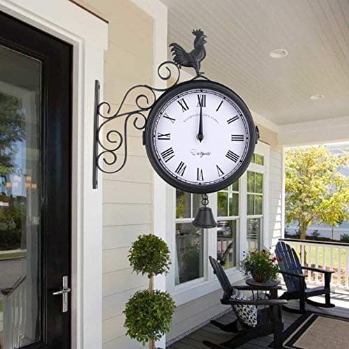Horloge de jardin - Horloge de gare - Montre Résistante aux intempéries - Design double face - Étanche - 20 cm - Rétro - Avec support mural - Pour jardin, couloir, véranda, gare - Noir