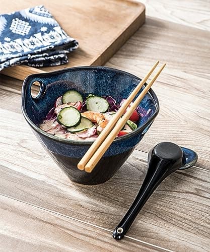 Henten Home Bols à Ramen, Bol Chinois pour Soupe Porcelaine, 8 Pièces pour Udon, Pâtes, Céréales et Mélange de Fruits, Bol Fait à la Main de Style Japonais - 600ml, Bleu