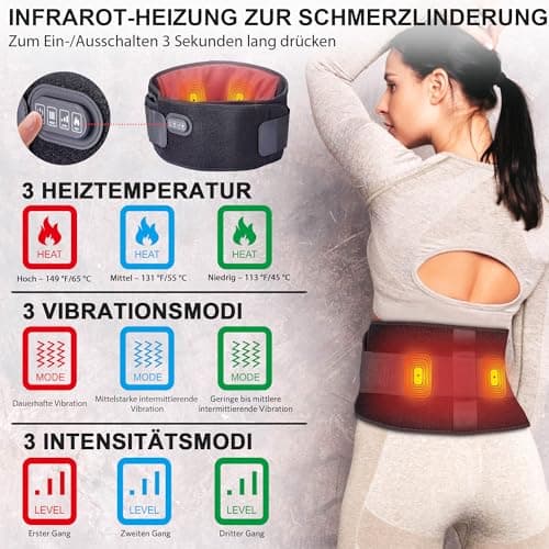 Ceinture Chauffante Lombaire Sans Fil avec 3 Modes de Massage Dos et 3 Niveaux de Chauffage - Soulagement Efficace des Douleurs Lombaires, Abdominales et des Jambes sciatique,Regles douloureuses