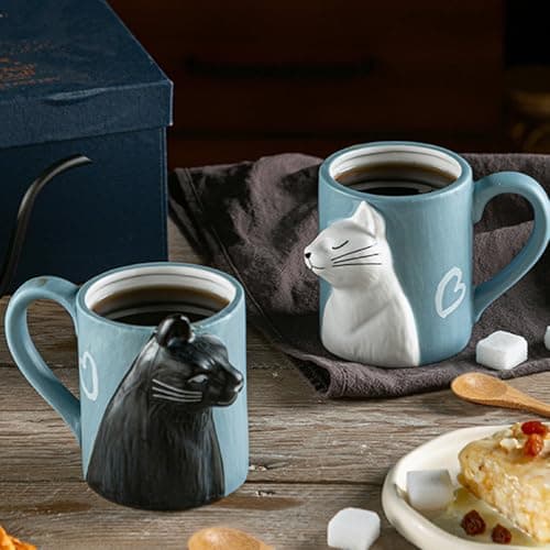 Liemuao Cadeaux Couple Tasse à Café en Céramique, 3D Tasse de Chat, Coffee Mugs Cadeau de Mariage pour mariée et Le marié, Mug Café & Thé Cadeaux Saint Valentin, d'anniversaire de Couples (A)