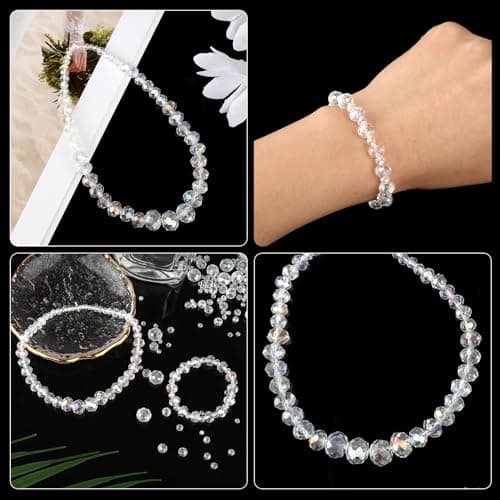 Lot de 910 perles en verre à enfiler - Perles à facettes - Perles en verre transparent pour adultes - Fabrication de bijoux, colliers et bracelets (3/4/6/8/10 mm, couleur AB)