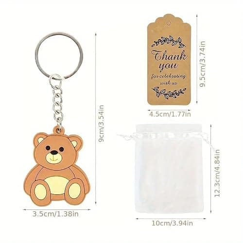 Lidzopas Lot de 18 porte-clés mignons en forme d'ours de la jungle avec étiquettes de remerciement en kraft pour sacs en organza pour décoration de fête d'anniversaire