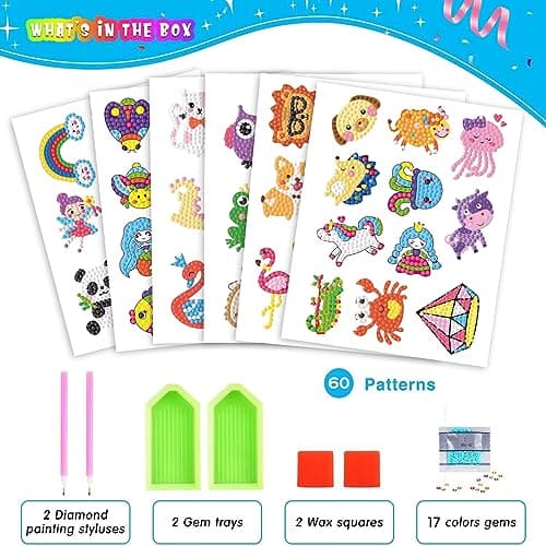 CAYUDEN 5D Diamond Painting Autocollants Kits Enfants, 60 Pcs DIY Animaux Diamant Painting Art Mosaïque Autocollants Kit Diamond Painting Animaux pour Filles Enfants Adultes Peinture Diamant Kit