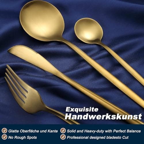 Bestdin set couverts de table 6 personnes dorés, ensemble de couverts inox 24 pièces, Comprend des couteaux/fourchettes/cuillères, fini mat et lavable au lave-vaisselle, facile à nettoyer