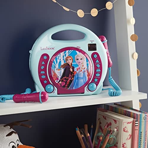 Lexibook Disney Frozen La Reine des Neiges Elsa Lecteur CD pour enfant avec 2 microphones jouets, prise écouteurs, à piles, Bleu/Blanc, RCDK100FZ