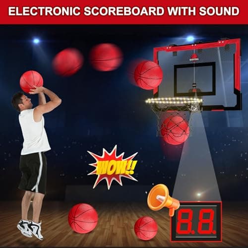 HYES 24" x 16" Panier de Basket Interieur pour Enfants, Panier de Basket avec Scoreboard et éclairage, Panier Basket Chambre avec 2 Ballons, Pompes, Jouet de Sport pour extérieur, Rouge